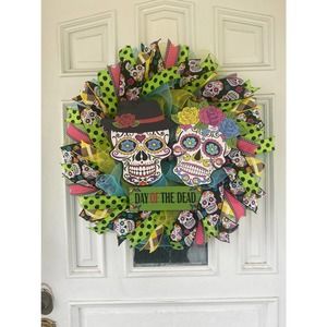 Day of the Dead Sugar Skull Los Dias De Los Muertes Halloween Wreath Sign Decor